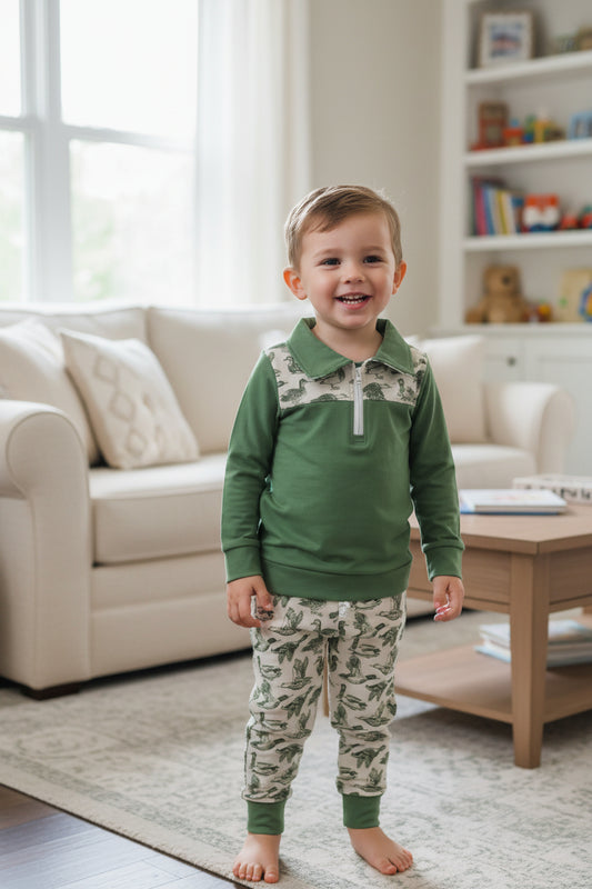 BLP1449 green mallard print zip pullover joggers outfit