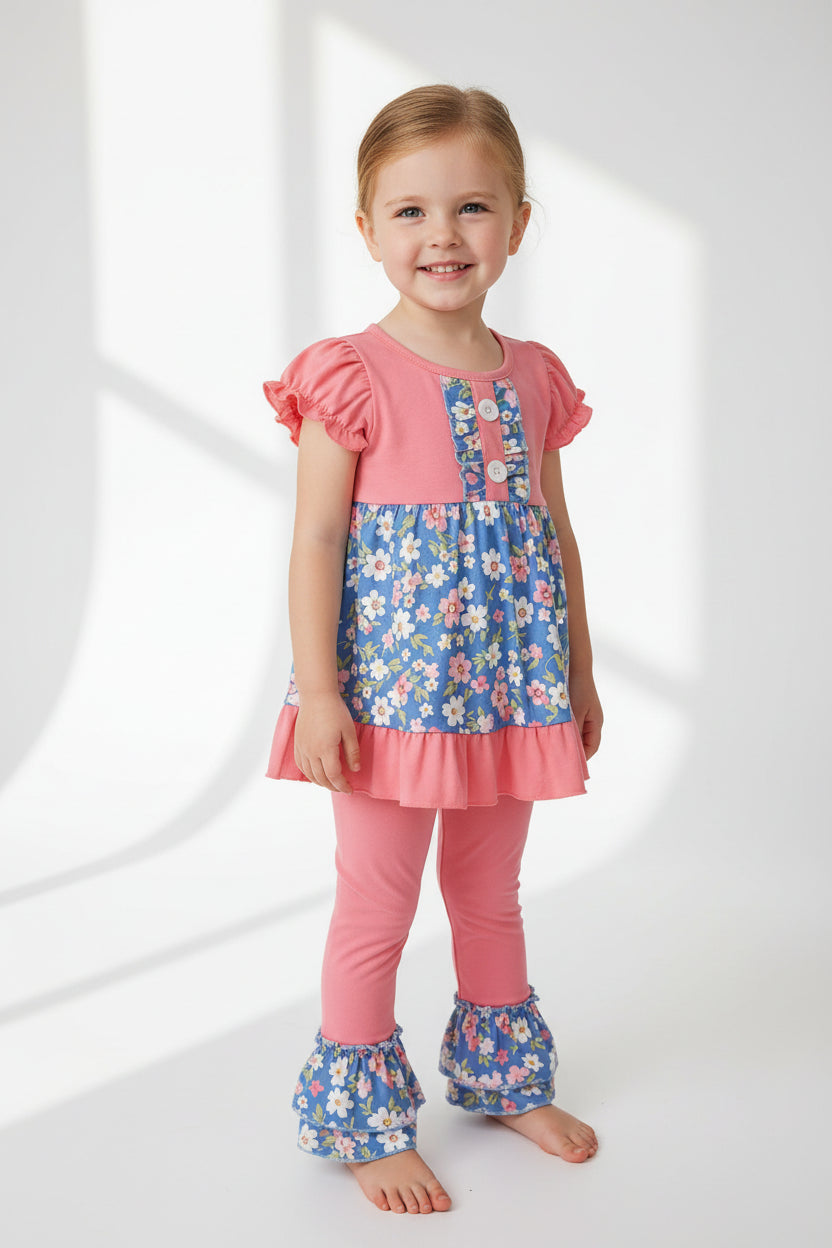 baby girl spring short sleeve ruffle pants set floral outfit
