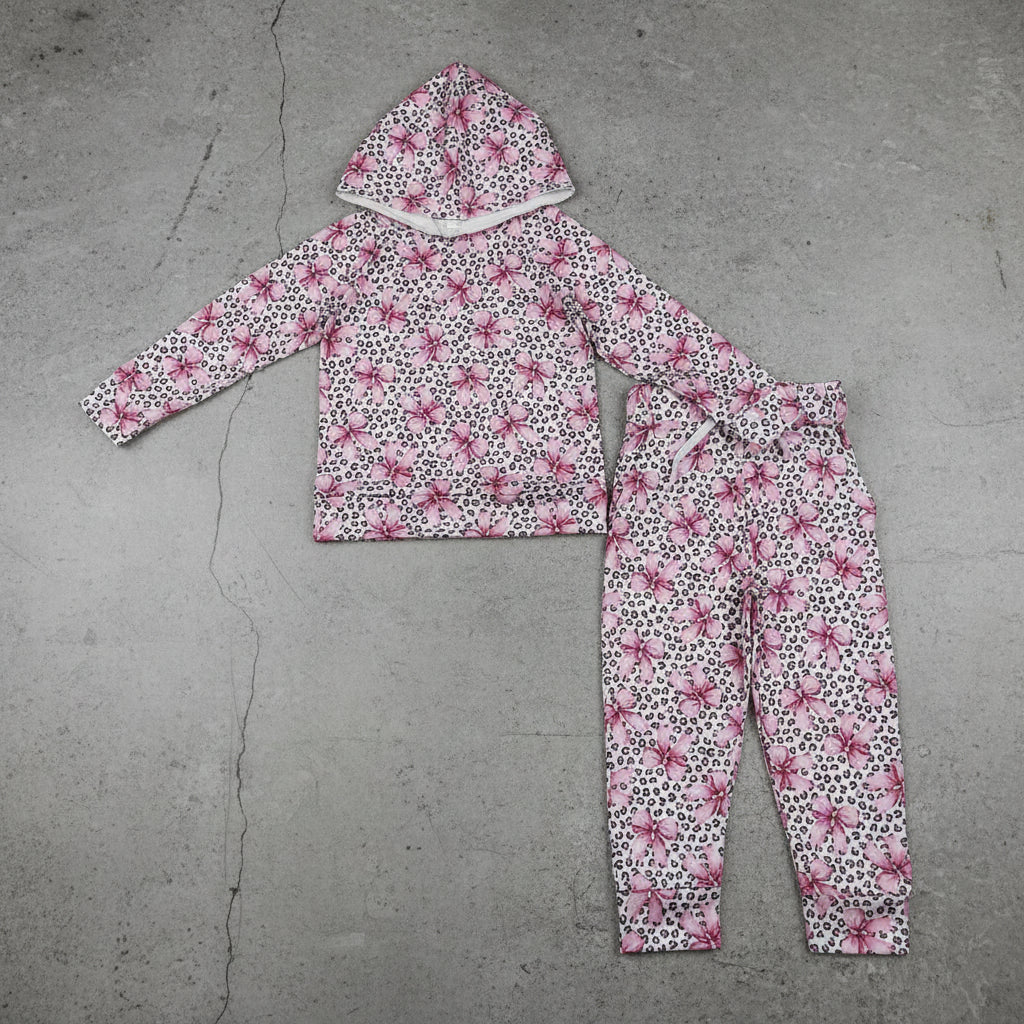 pink coquette leopard hoodie pants set girls outfit