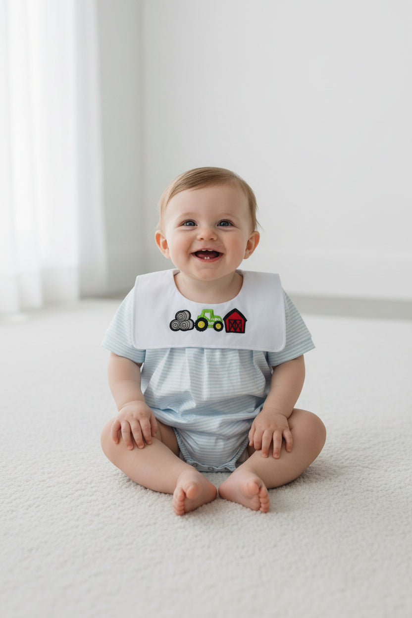 tractor farm embroidery stripes romper