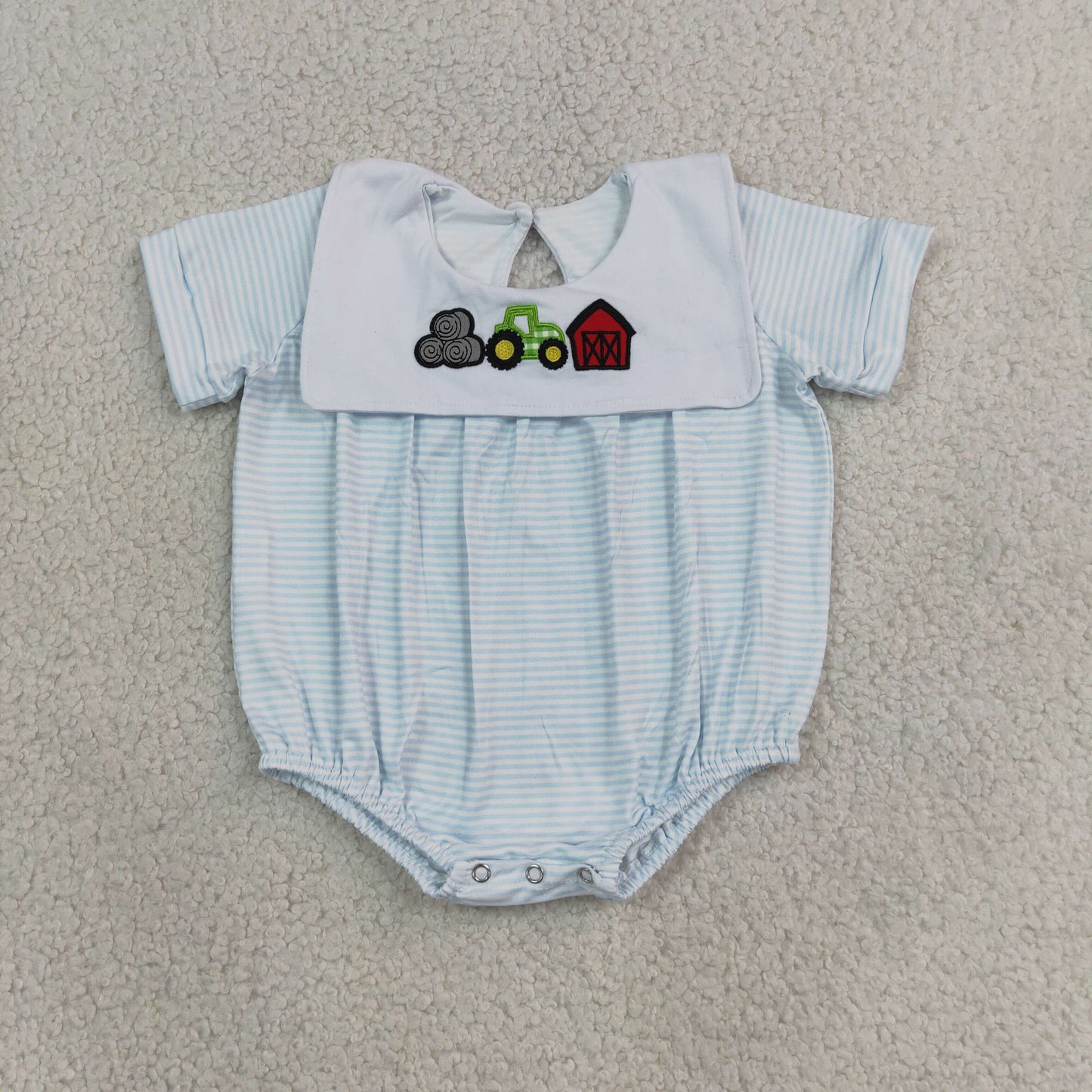 tractor farm embroidery stripes romper