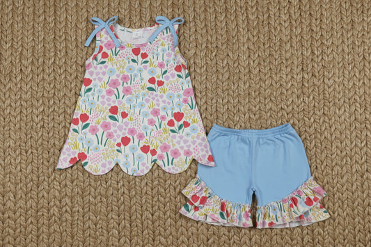 wildflower floral scallop shorts set summer girl clothing