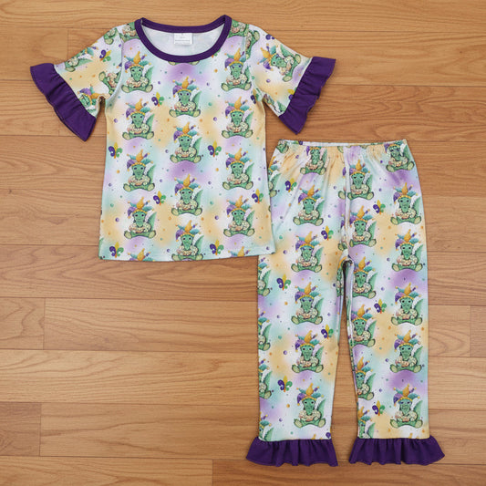mardi gras dinosaur print pajama set girls sleepwear
