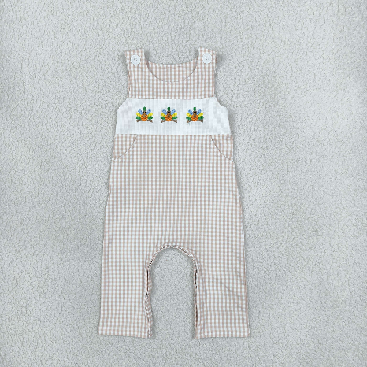 gingham turkey embroidery smock romper
