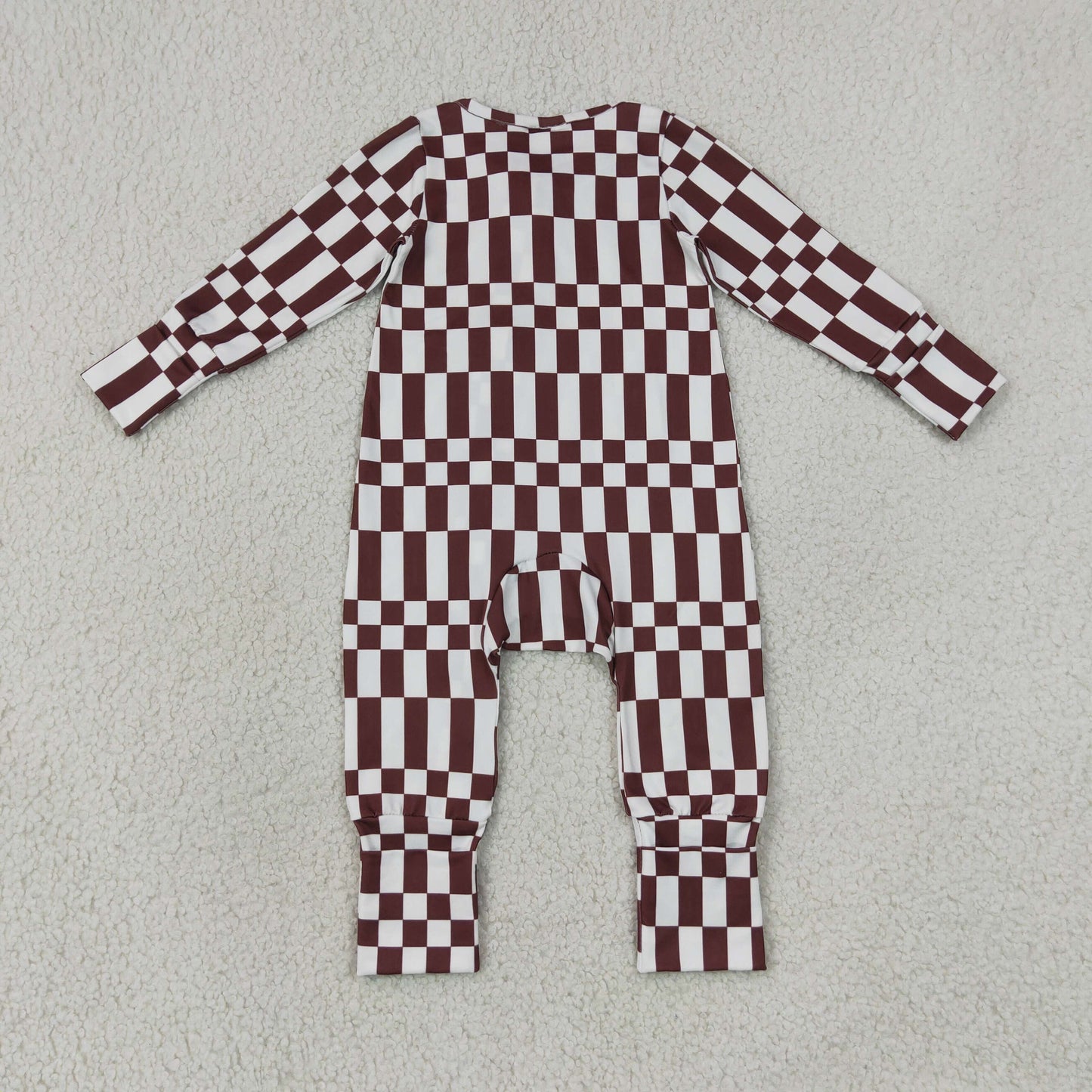 LR3114 long sleeve chocolate checkered zipper sleeper baby clothing