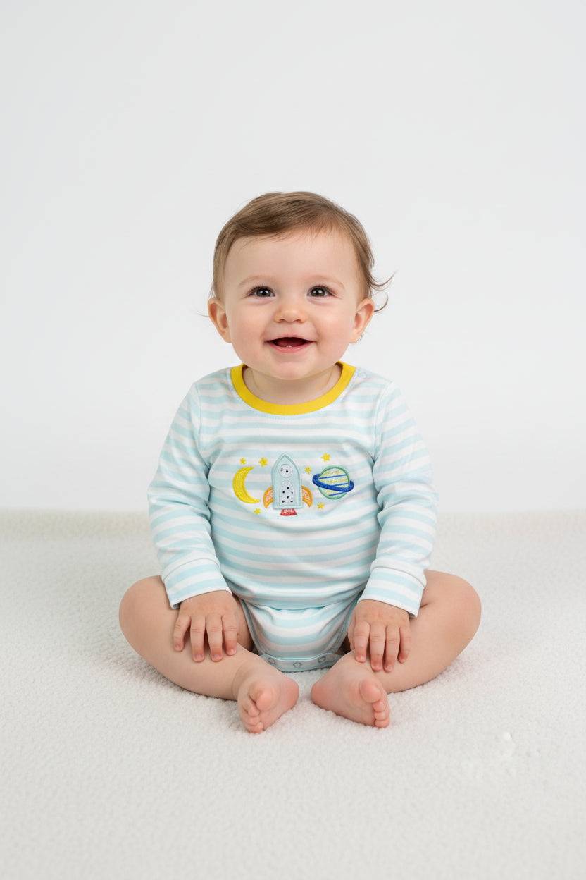 LR3063 long sleeve rocket space embroidery striped boy romper