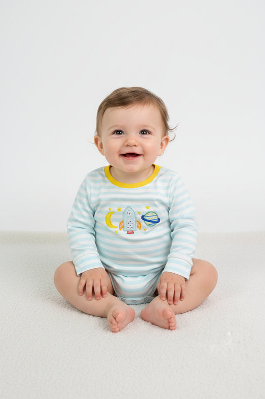 LR3063 long sleeve rocket space embroidery striped boy romper