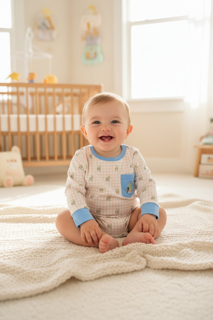 LR3002 long sleeve duck embroidery gingham boy romper
