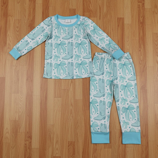 blue bow boots print two pieces lounge set girl pajama