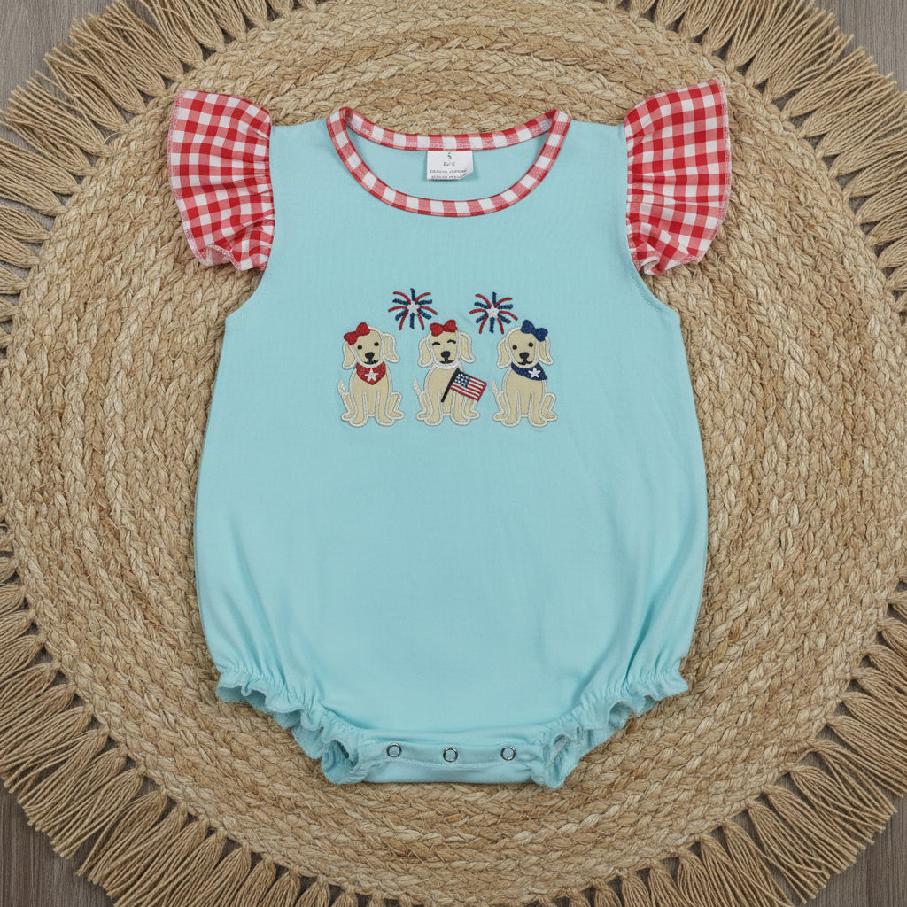 SR4051 patriotic puppy dog embroidery romper 4th of july girl clothes