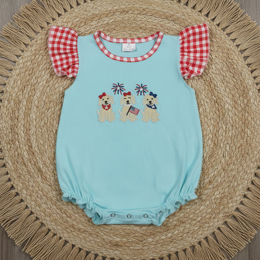 SR4051 patriotic puppy dog embroidery romper 4th of july girl clothes