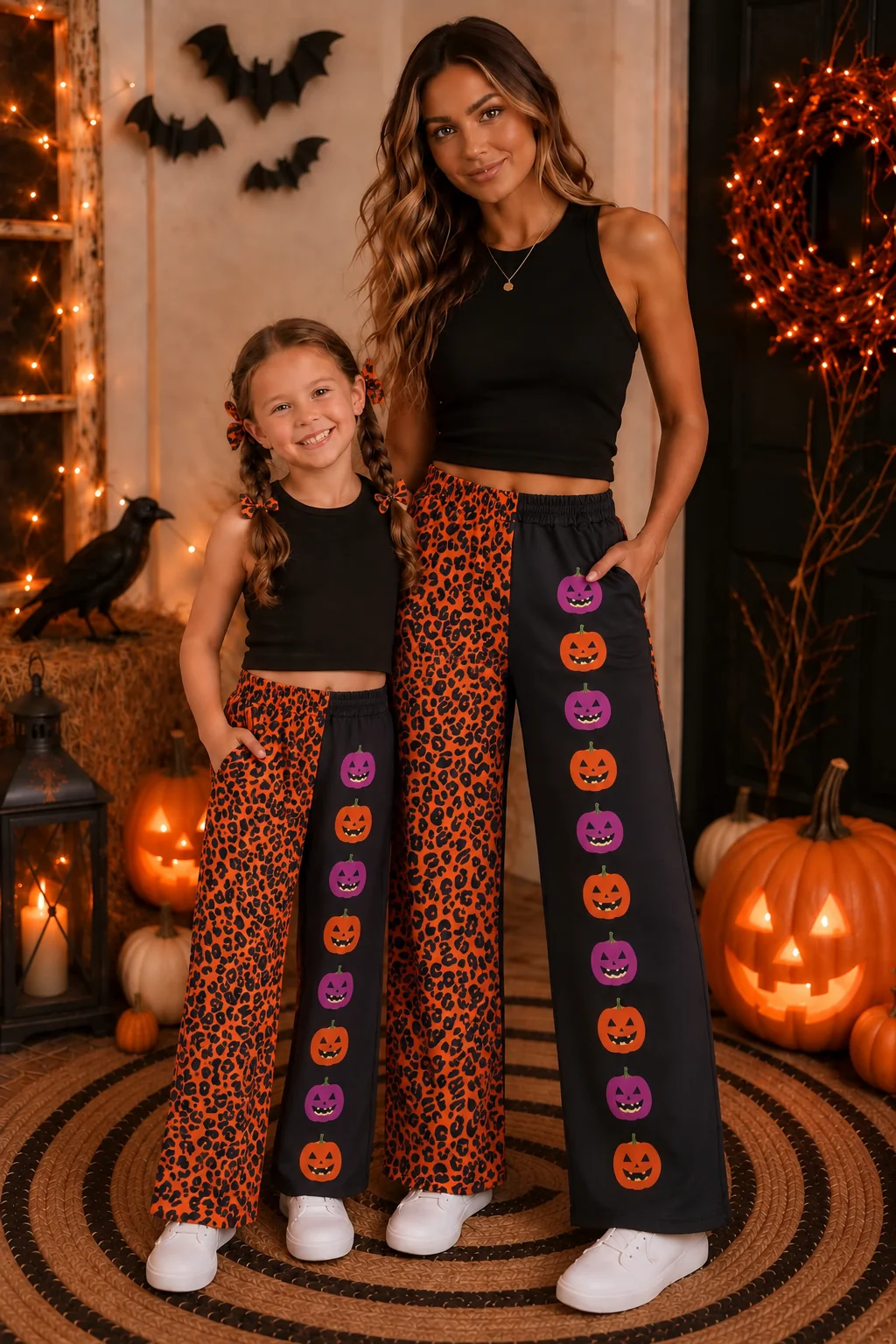 Halloween pumpkin orange leopard mommy and me wide leg pants