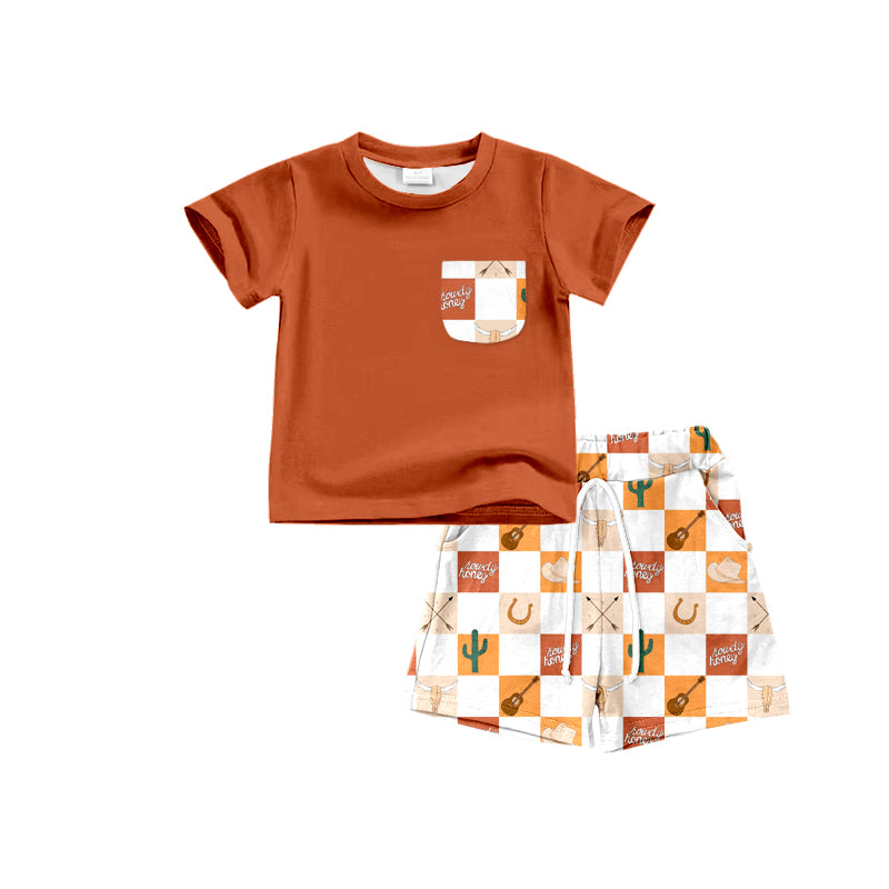 preorder BSSO0769 Guitar Alpine Cow Head Cactus Hat Orange Brown White Plaid Pocket Short Sleeve Shorts Set