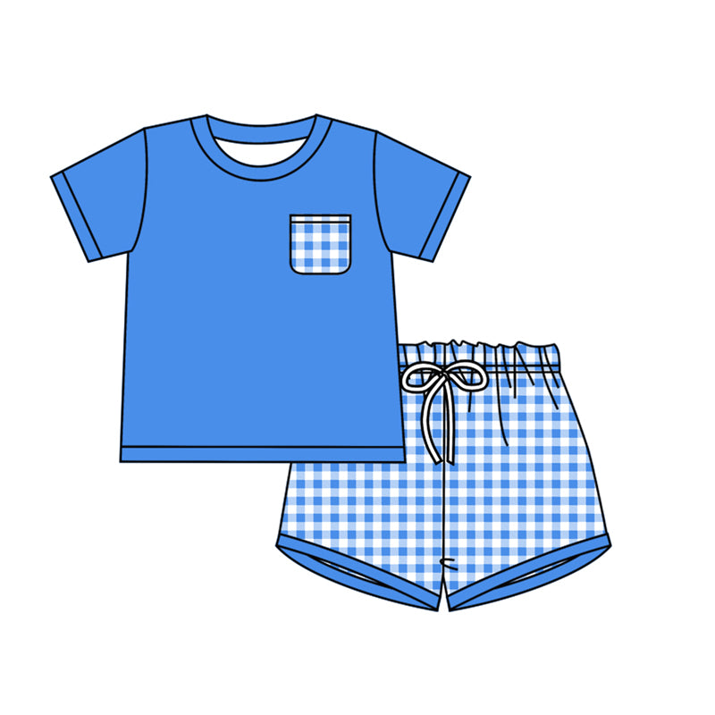 BSSO0865 Plaid Pocket Royal Blue Short Sleeve Shorts Suit