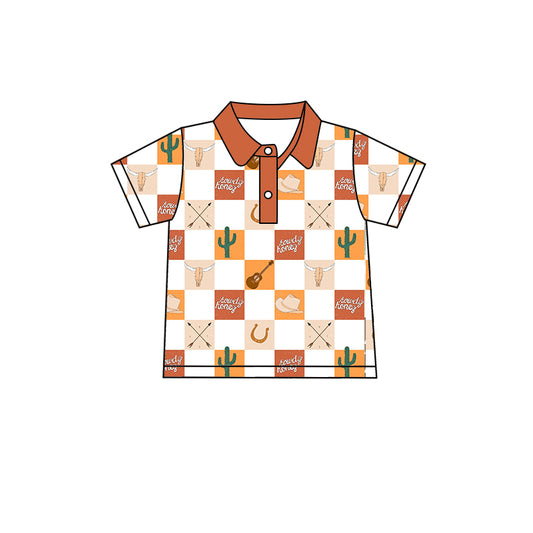 preorder BT0636 Guitar Alpine Cactus Hat Orange Brown White Plaid Short Sleeve Top