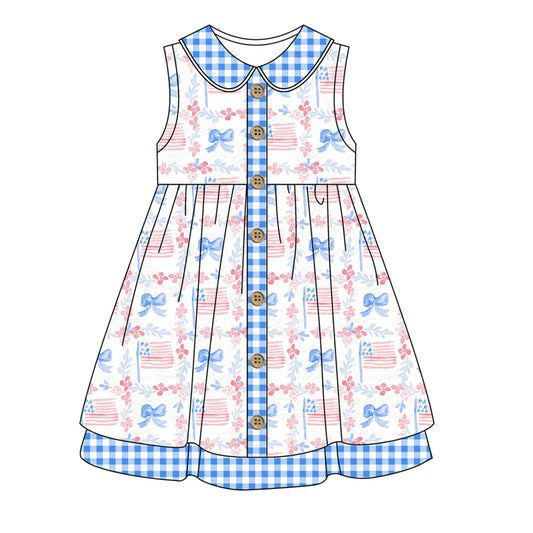 presale GSD1160 Floral blue bow flag plaid doll collar sleeveless dress