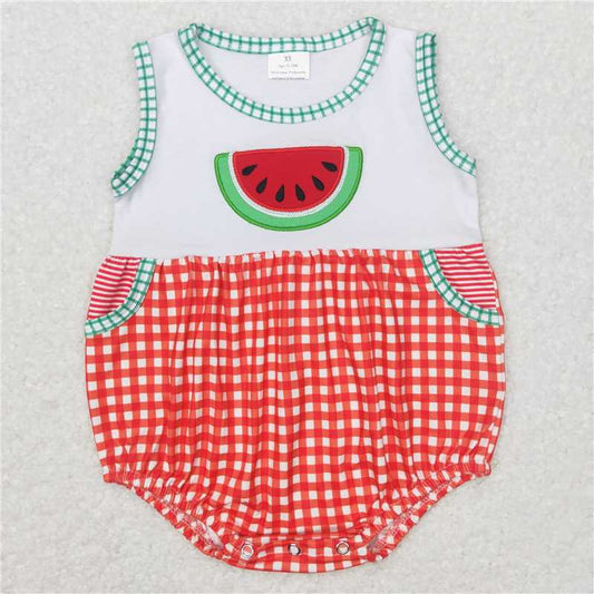 SR0592 Embroidered Watermelon Red and White Plaid Sleeveless Jumpsuit