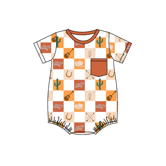 preorder SR1367 Guitar Alpine Cactus Hat Orange Brown White Plaid Short Sleeve Jumpsuit