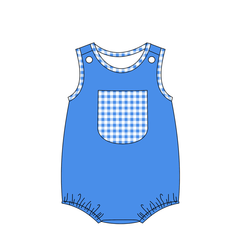 SR1537 Plaid Pocket Royal Blue Vest Jumpsuit