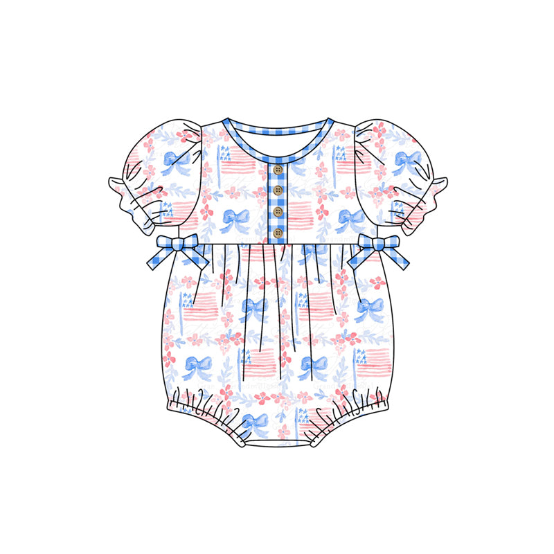 presale SR1538 Floral blue bow flag plaid short-sleeved jumpsuit