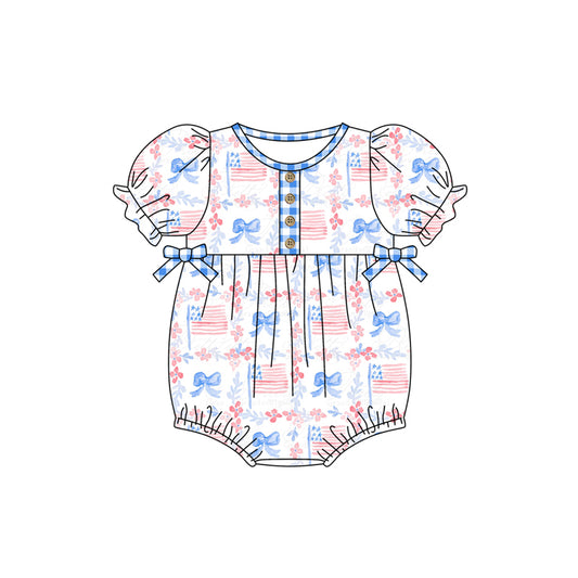 presale SR1538 Floral blue bow flag plaid short-sleeved jumpsuit