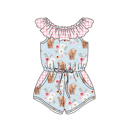 preorder SR1552 Alpine cow head flower pink and white plaid lace light blue sleeveless jumpsuit