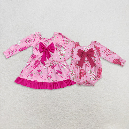 Match Baby Girls Pink Stripe Trees Stars Bow Top Christmas Ruffle Rompers Dress D 929