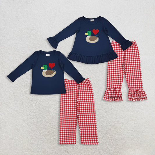 Sibling Baby Girls Embroidery Duck Hearts Top Red Checked Pants Valentine Clothes Sets D 1028