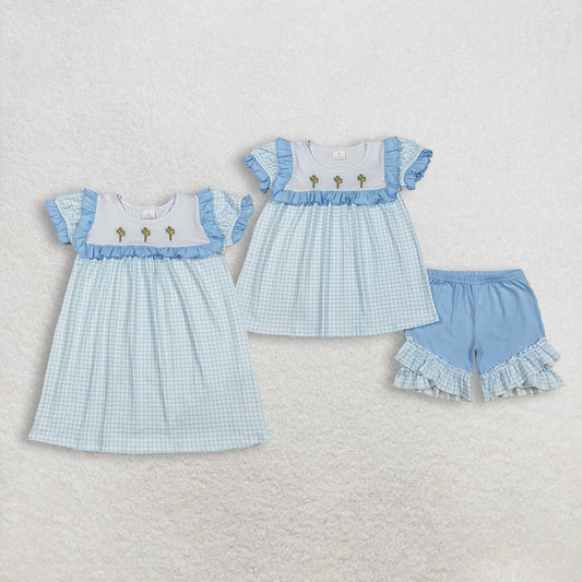 Sibling Baby Girls Blue Knee-Length Dress with Checked Embroidery Floral Crosses Tunic Ruffle Shorts for Kids