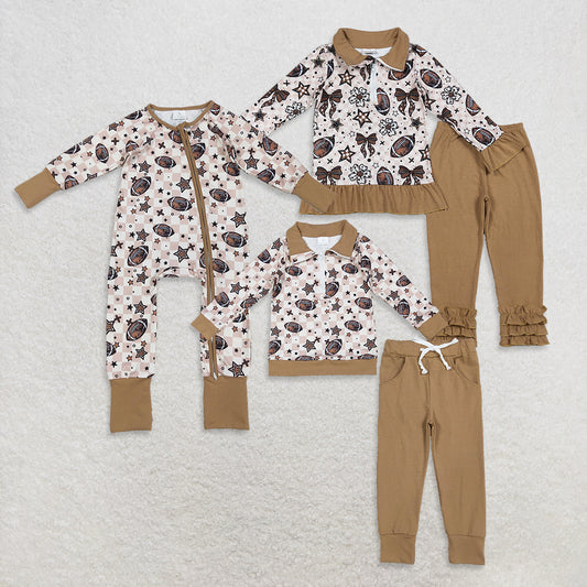 Sibling Baby Boys Girls Khaki Checked Footballs Pullovers Pockets Pants Team Clothes Sets Zipper Footie Rompers D 927