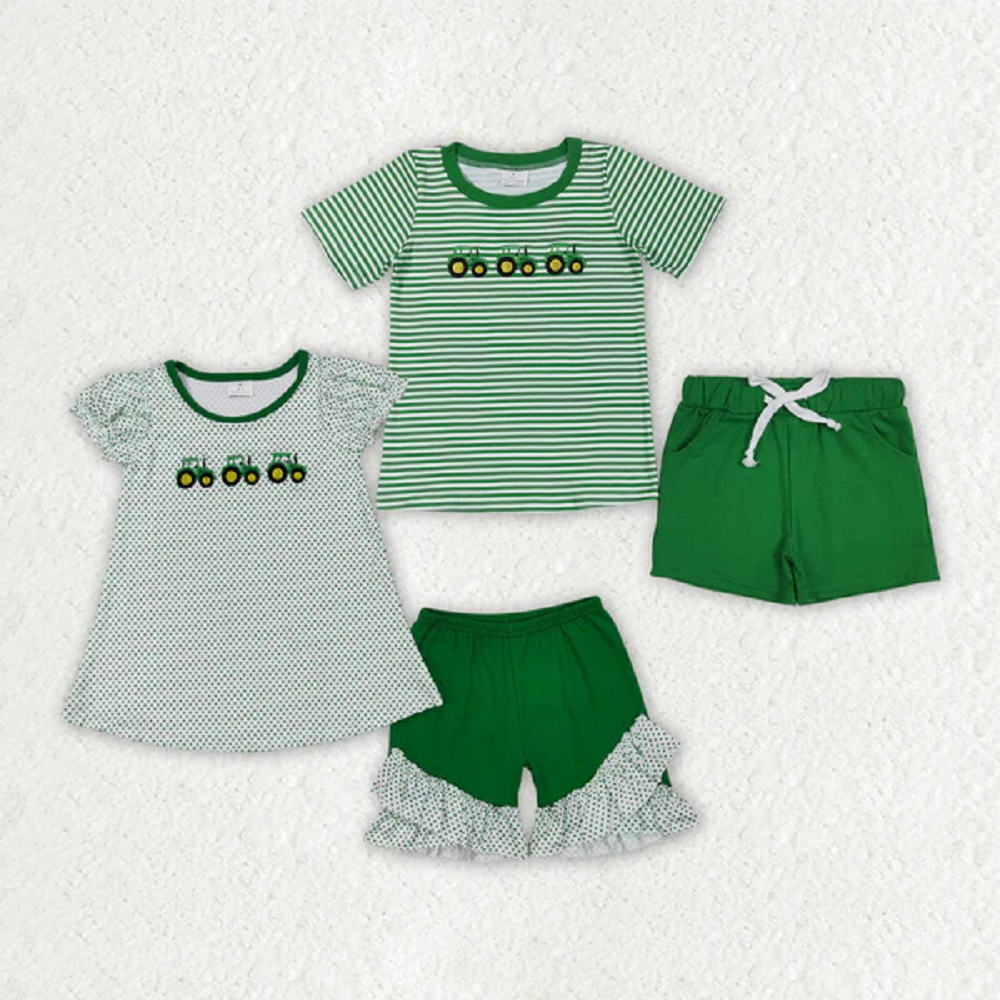Match Embroidery Baby Girls Green Farm Boys Outfits Sets  D 6.13