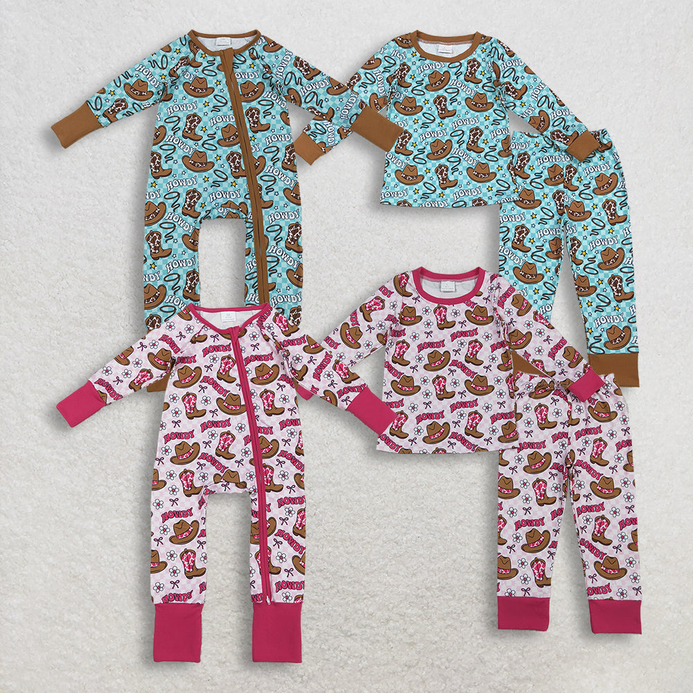 Sibling Baby Boys Girls Hats Bows Western Pants Pajamas Sets Zipper Rompers D 1110