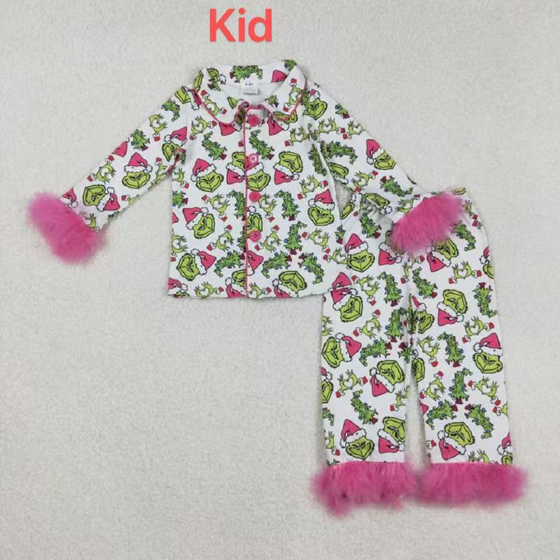 Mama and Me Christmas Fur Green Face Buttons Top Pants Pajamas Sets D 926