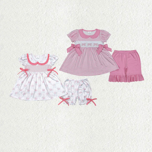 Sibling Embroidery Baby Girls Checkered Bows Tunic Ruffle Shorts Clothes Sets D 7.7