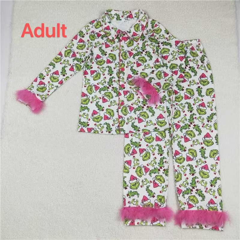 Mama and Me Christmas Fur Green Face Buttons Top Pants Pajamas Sets D 926