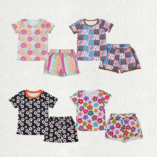 Match Baby Girls Flowers Plaid Tee Shirts Shorts Summer Clothes Sets  D 5.15