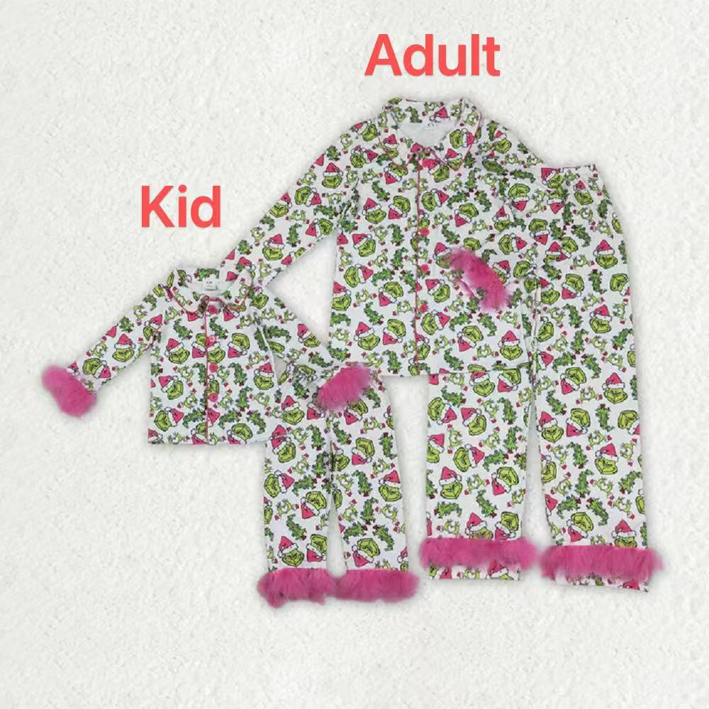 Mama and Me Christmas Fur Green Face Buttons Top Pants Pajamas Sets D 926