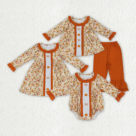Sibling Embroidery Baby Girls Fall Bows Pumpkins Tunic Pants Set Knee Length Dress Rompers D 6.25