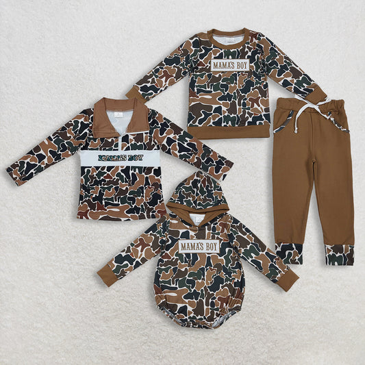 Sibling Baby Boys Embroidery Mama's Boy Brown Camo Pockets Pants Clothes Sets Top Hoodie Romper  D 1206