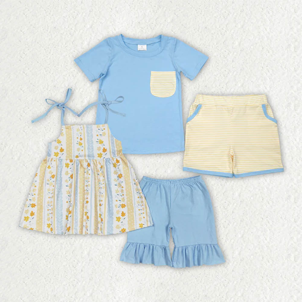 Sibling Boys Baby Girls Yellow Floral Bows Summer Outfits Sets D 7.8