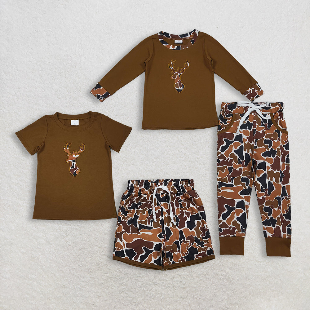 Sibling Baby Boys Brown Camo Deer Embroidery Pants with Pockets Short Hunting Themed Clothing Set for Little Ones