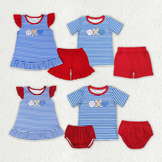 Match Baby Girls Boys Blue Stripes Baseball Summer Clothes Sets  D 3.26