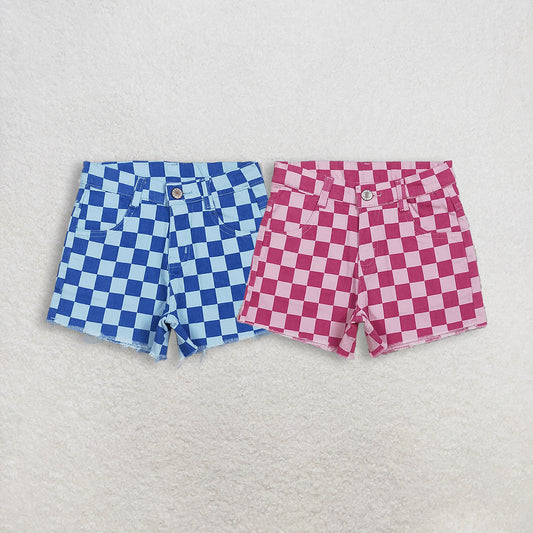 Sibling Baby Girls Checked Denim Shorts with Pockets Bottom for Children's Clothing