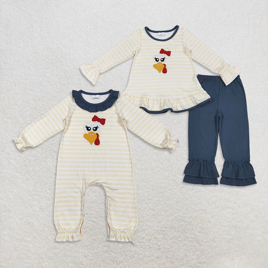 Sibling Baby Girls Stripe Embroidery Turkey Tunic Ruffle Pants Thanksgiving Set Footie Rompers D 1020