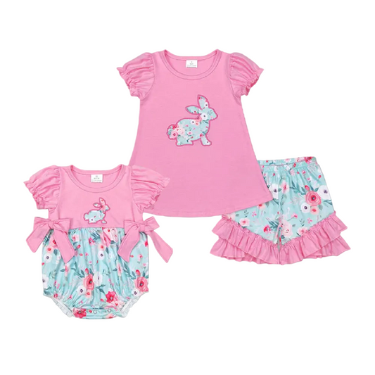Match Baby Girls Embroidery Easter Floral Rabbit Bows Rompers Clothes Sets