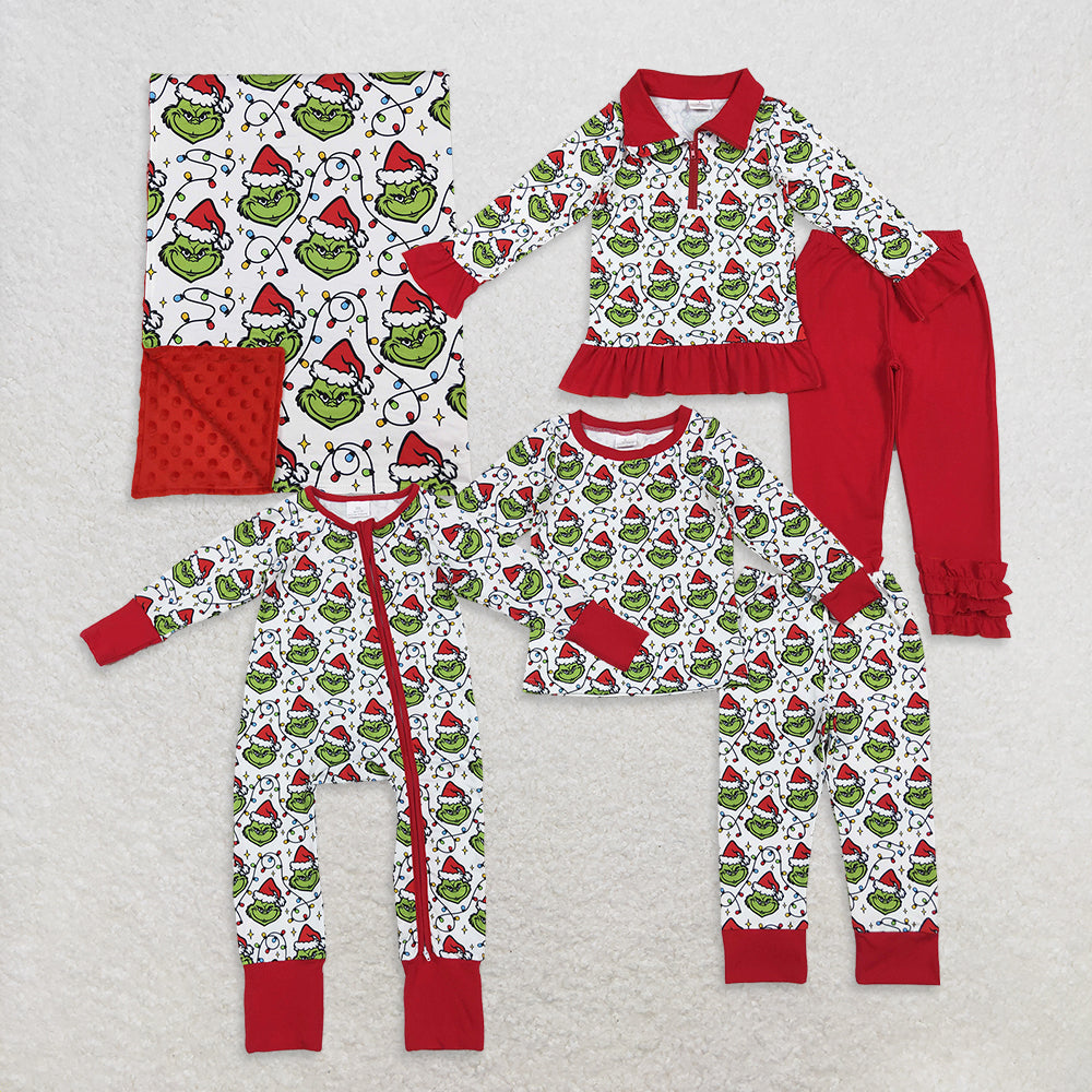 Sibling Baby Boys Green Faces Lights Christmas Pajamas Sets Zipper Footie Rompers Blankets    D 1022