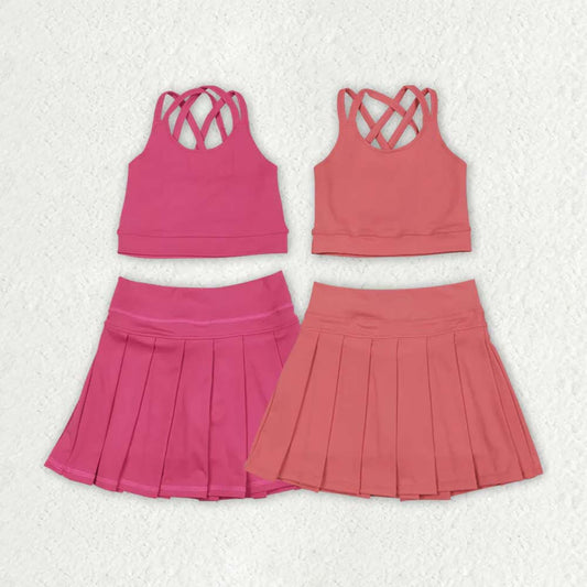 2 Colors Baby Girls Pink Strap Vest Top Pleated Skort Yoga Sets D 6.27