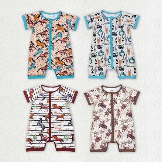 Match Baby Infant Boys Western Cowboys Short Sleeve Zip Rompers