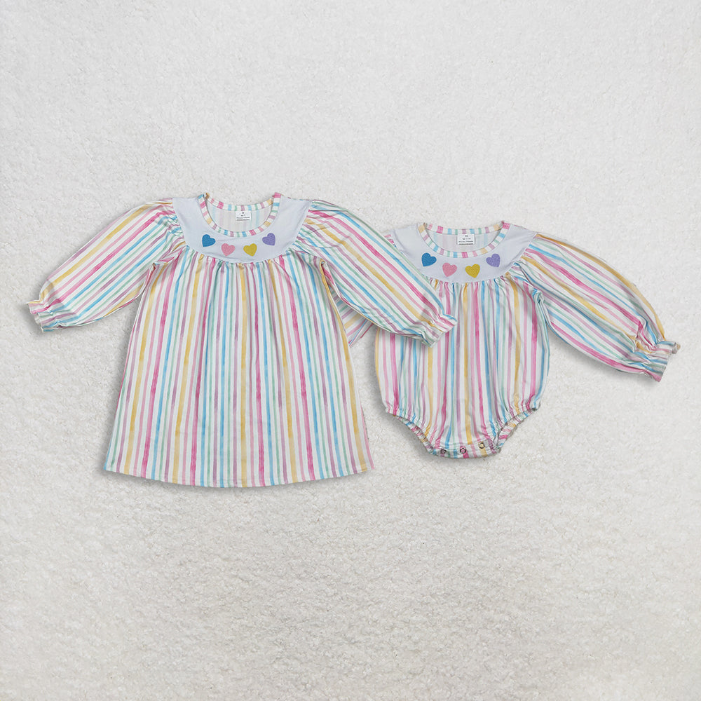 Sibling Baby Girls Colorful Stripe Embroidery Hearts Ruffle Sleeve Knee Length Dress Rompers    D 1111