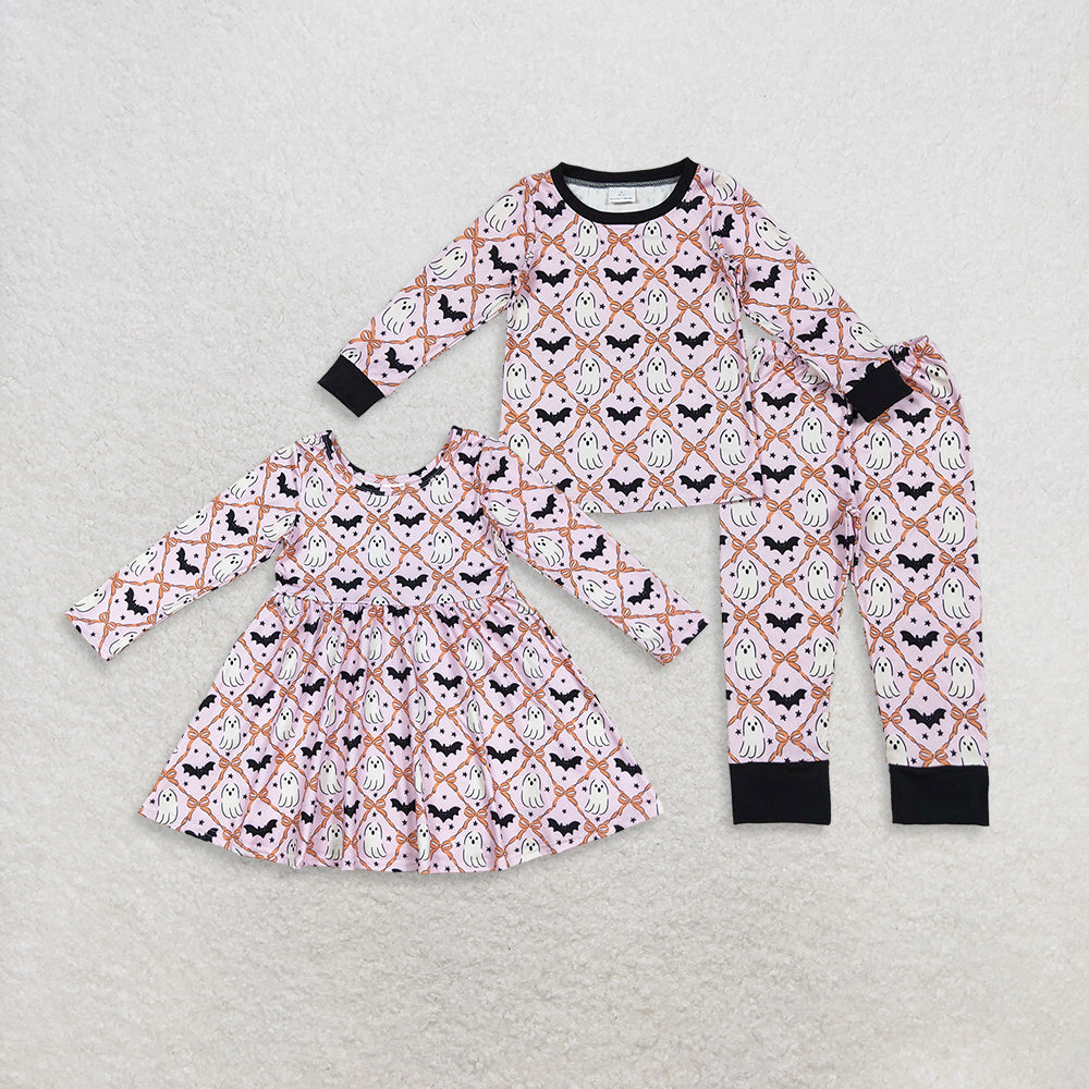 Sibling Baby Girls Ghosts Bats Checked Halloween Pajamas Sets Knee Length Dresses  D 909